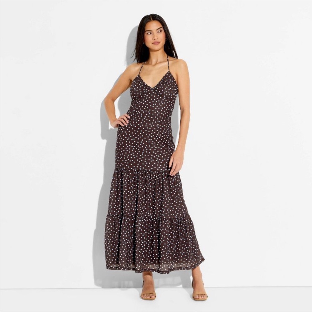 NWT Women’s Triangle Halter wild fable Brown Polka Dot Tiered Maxi Dress - XXS